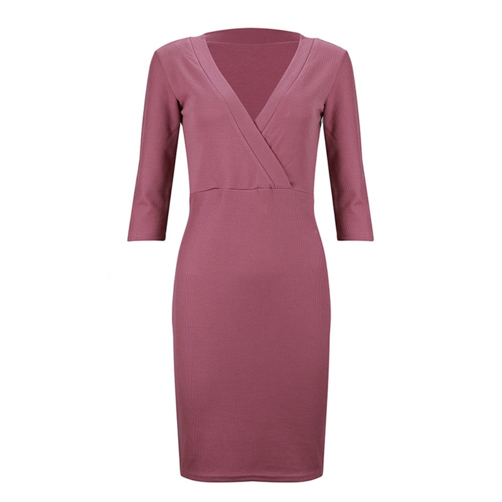 Ribbed Bodycon V-Neck Slim Dress Dark Mauve Pink - Picture 4 of 8